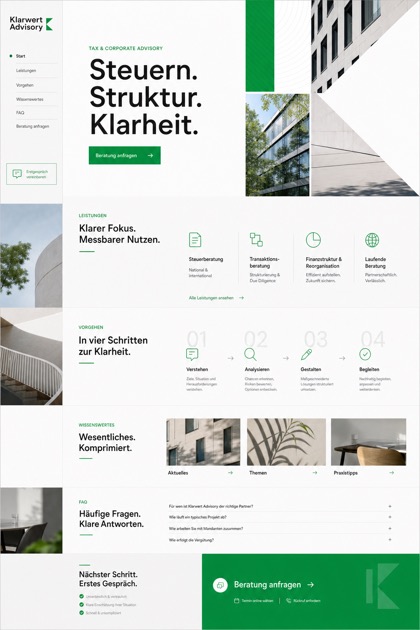Fictional Klarwert Advisory Tax and corporate advisory website design showcase with a complete 2:3 page layout, service sections, practical information, and contact action