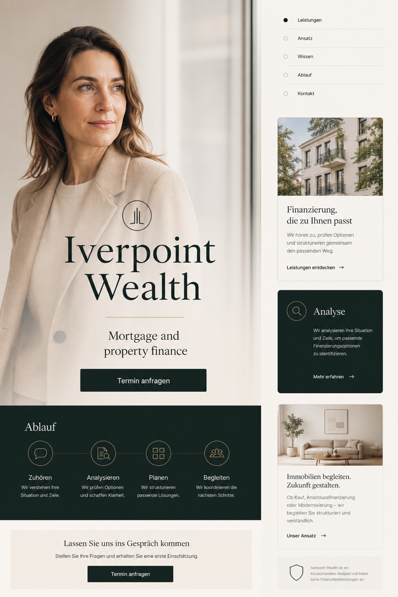 Finance website design for Germany, showing a clear opening, service information, supporting content, and a focused inquiry action.
