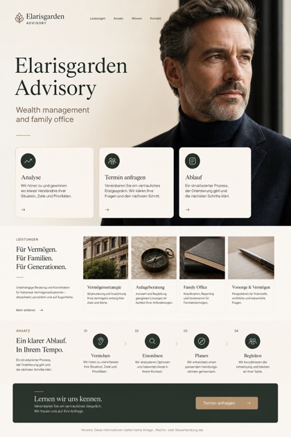 Finance website design for Germany, showing a clear opening, service information, supporting content, and a focused inquiry action.