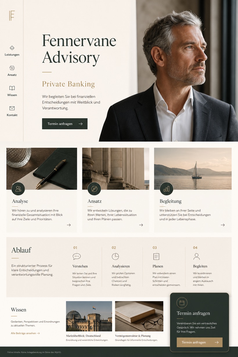 Finance website design for Germany, showing a clear opening, service information, supporting content, and a focused inquiry action.