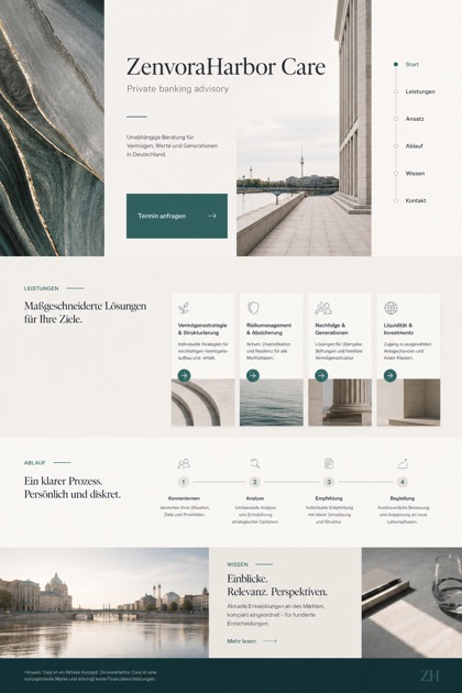 Finance website design for Germany, showing a clear opening, service information, supporting content, and a focused inquiry action.