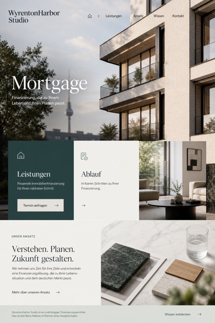 Finance website design for Germany, showing a clear opening, service information, supporting content, and a focused inquiry action.