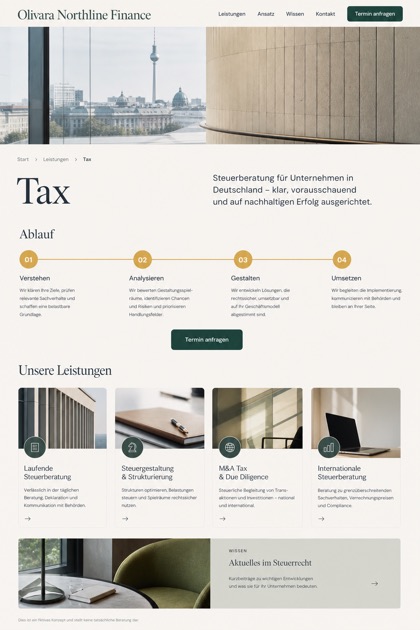 Finance website design for Germany, showing a clear opening, service information, supporting content, and a focused inquiry action.