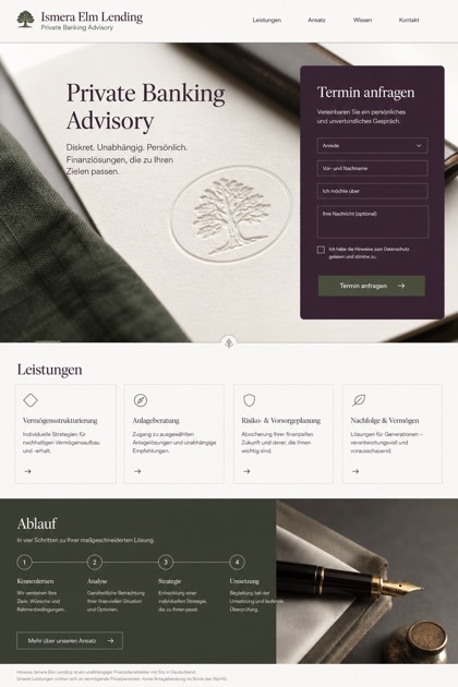 Finance website design for Germany, showing a clear opening, service information, supporting content, and a focused inquiry action.