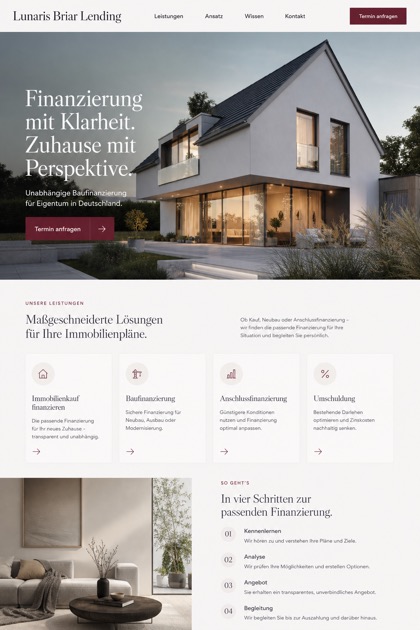 Finance website design for Germany, showing a clear opening, service information, supporting content, and a focused inquiry action.