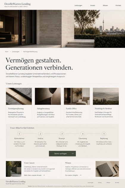 Finance website design for Germany, showing a clear opening, service information, supporting content, and a focused inquiry action.