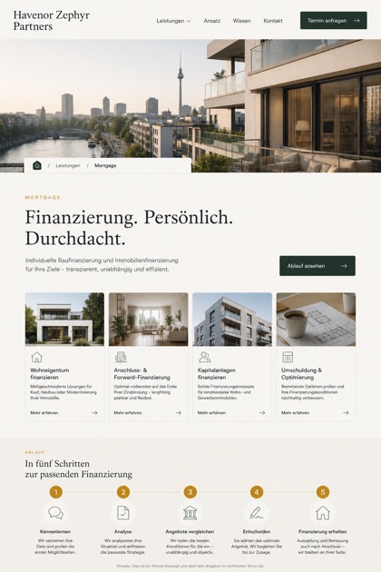 Finance website design for Germany, showing a clear opening, service information, supporting content, and a focused inquiry action.