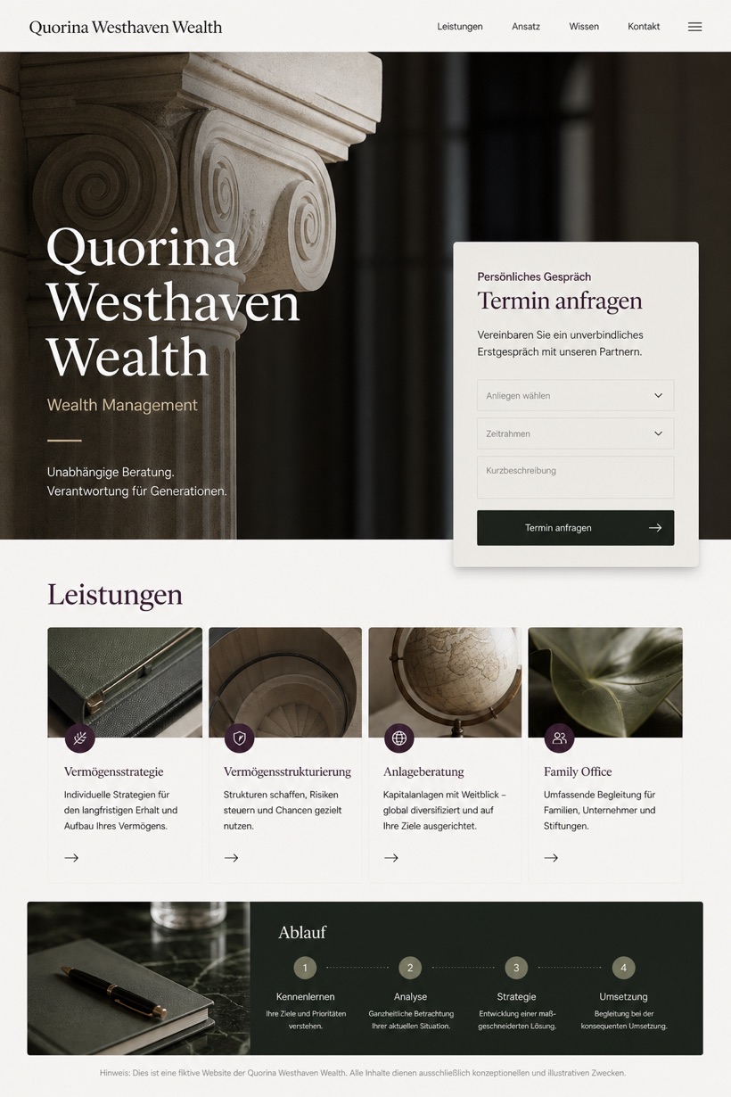 Finance website design for Germany, showing a clear opening, service information, supporting content, and a focused inquiry action.