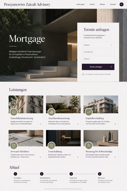 Finance website design for Germany, showing a clear opening, service information, supporting content, and a focused inquiry action.