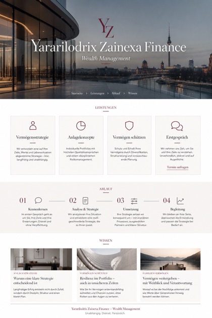 Finance website design for Germany, showing a clear opening, service information, supporting content, and a focused inquiry action.