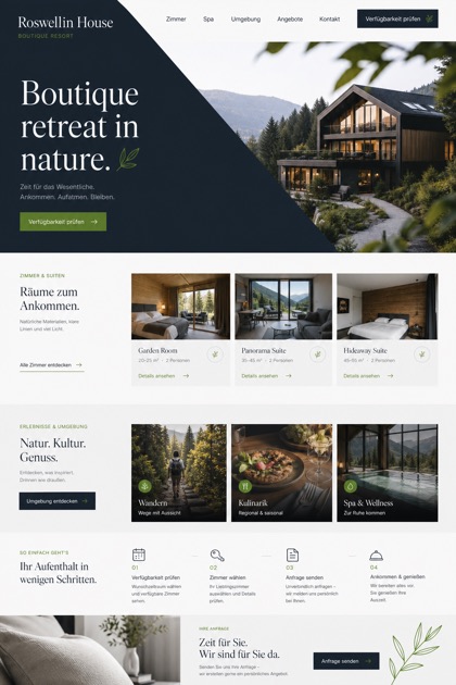 Hospitality website design for Germany, showing a clear opening, service information, supporting content, and a focused inquiry action.