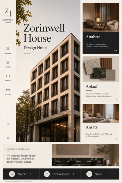 Hospitality website design for Germany, showing a clear opening, service information, supporting content, and a focused inquiry action.