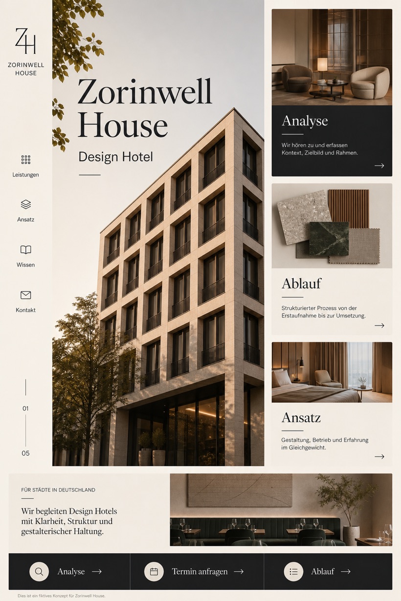 Hospitality website design for Germany, showing a clear opening, service information, supporting content, and a focused inquiry action.