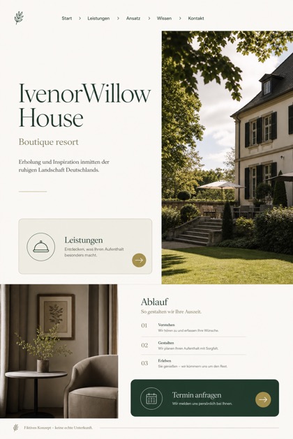 Hospitality website design for Germany, showing a clear opening, service information, supporting content, and a focused inquiry action.
