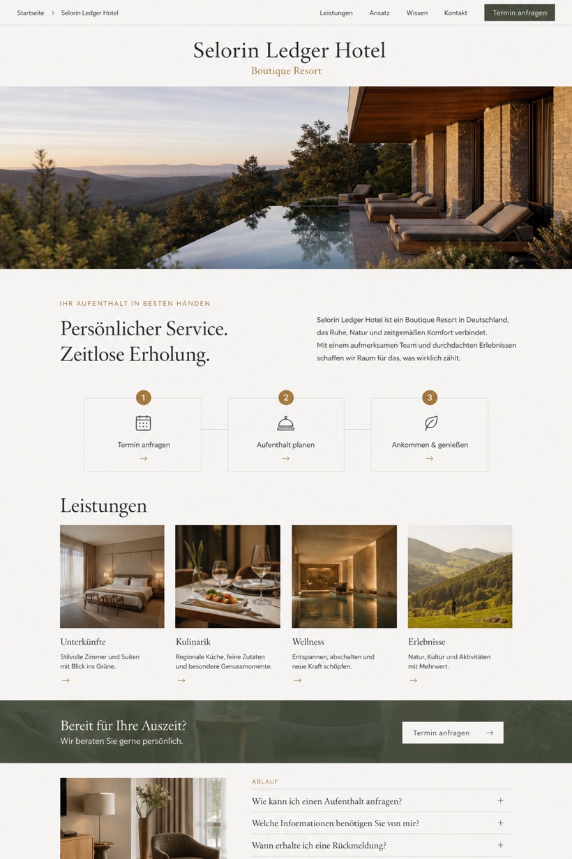 Hospitality website design for Germany, showing a clear opening, service information, supporting content, and a focused inquiry action.