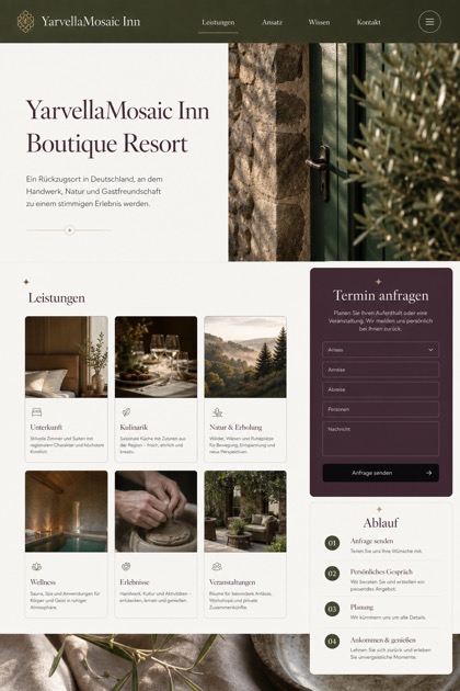 Hospitality website design for Germany, showing a clear opening, service information, supporting content, and a focused inquiry action.