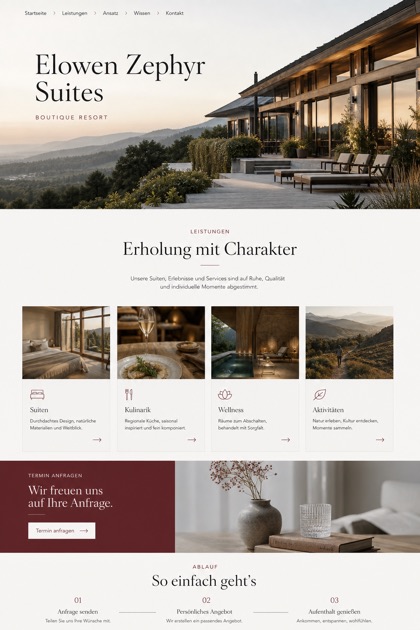 Hospitality website design for Germany, showing a clear opening, service information, supporting content, and a focused inquiry action.