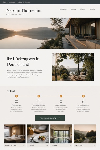 Hospitality website design for Germany, showing a clear opening, service information, supporting content, and a focused inquiry action.