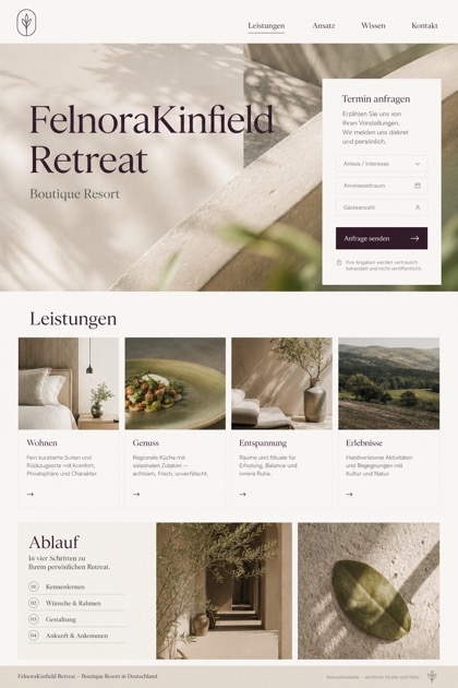 Hospitality website design for Germany, showing a clear opening, service information, supporting content, and a focused inquiry action.