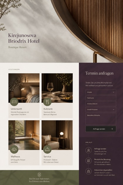 Hospitality website design for Germany, showing a clear opening, service information, supporting content, and a focused inquiry action.