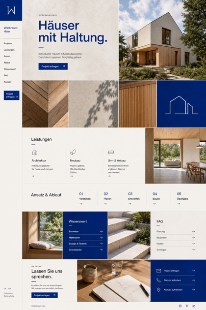 Fictional Werkraum Hain Custom home builder website design showcase with a complete 2:3 page layout, service sections, practical information, and contact action