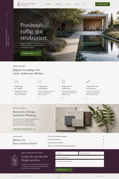 Fictional New Lantern Atelier Landscape and pool design website design showcase in a 2:3 layout with service sections, FAQ, and inquiry action