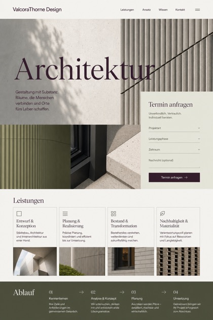 Architecture & Interiors website design for Germany, showing a clear opening, service information, supporting content, and a focused inquiry action.