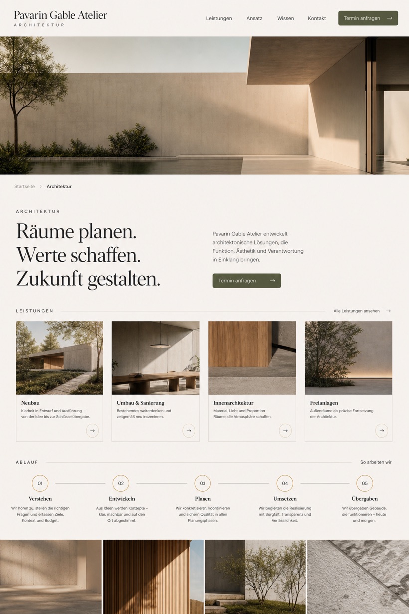 Architecture & Interiors website design for Germany, showing a clear opening, service information, supporting content, and a focused inquiry action.