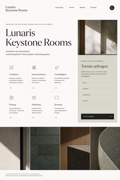 Architecture & Interiors website design for Germany, showing a clear opening, service information, supporting content, and a focused inquiry action.