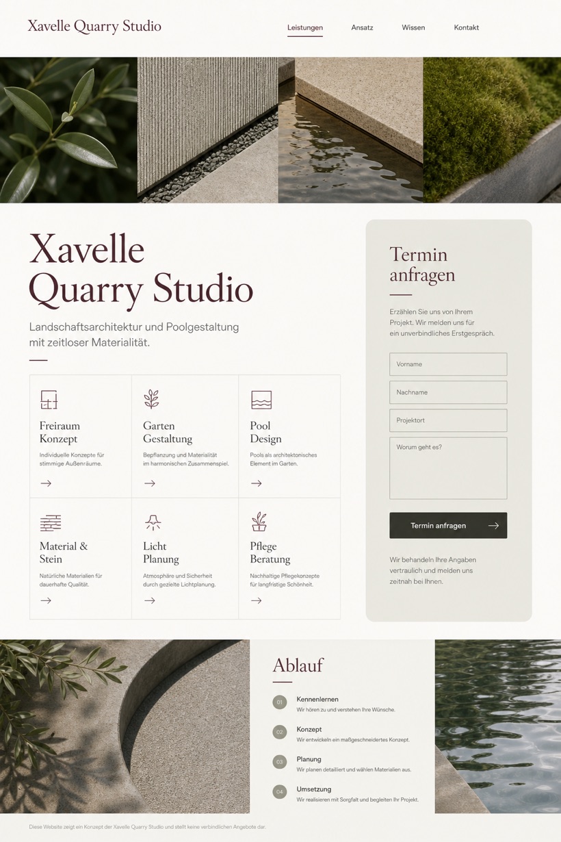 Architecture & Interiors website design for Germany, showing a clear opening, service information, supporting content, and a focused inquiry action.