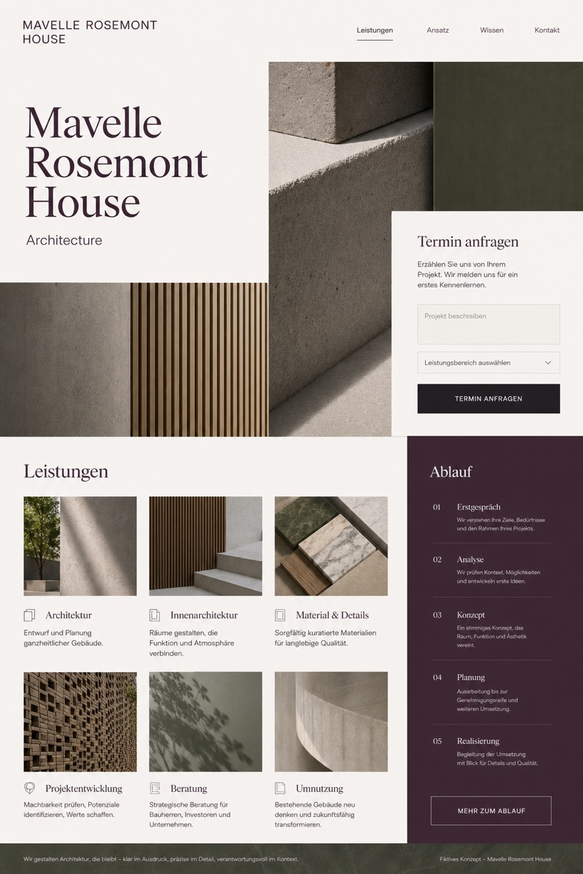 Architecture & Interiors website design for Germany, showing a clear opening, service information, supporting content, and a focused inquiry action.