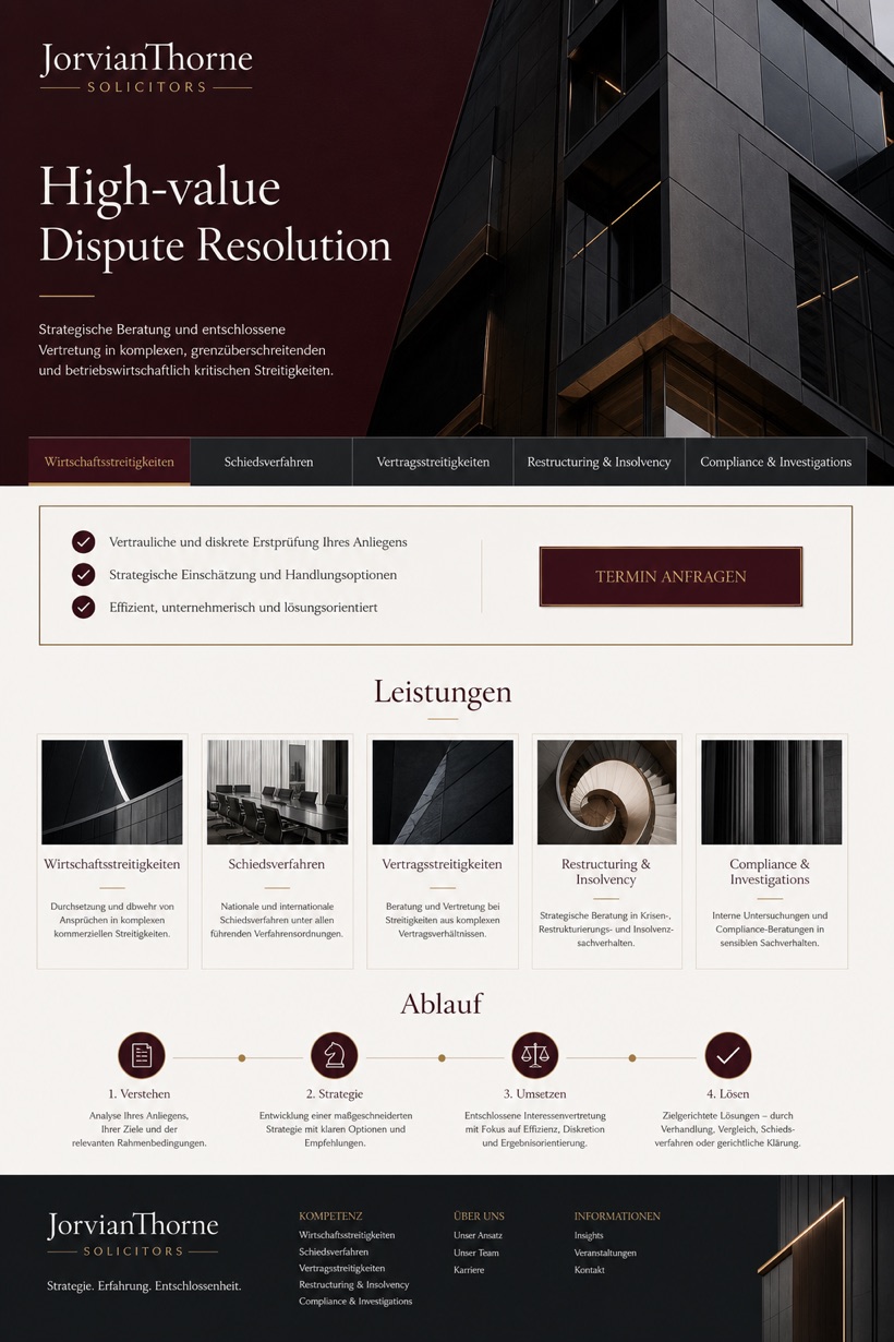 Legal website design for Germany, showing a clear opening, service information, supporting content, and a focused inquiry action.