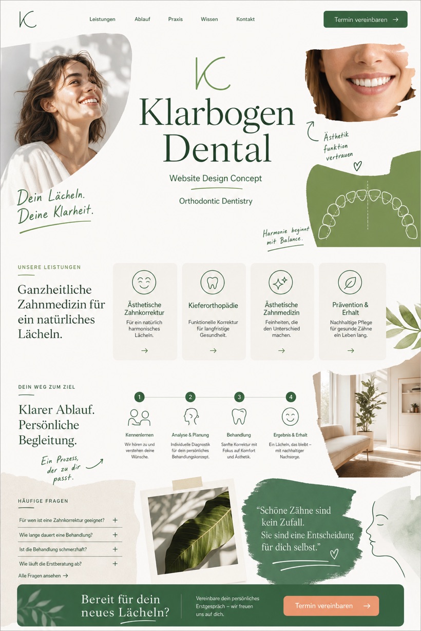 Fictional Klarbogen Dental orthodontic dentistry website concept with green clinical annotations, service cards, patient journey, FAQ, and booking path