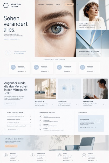Fictional Sehfeld Klinik ophthalmology website concept with modular vision grid, eye-care service selector, patient information cards, FAQ, and appointment flow