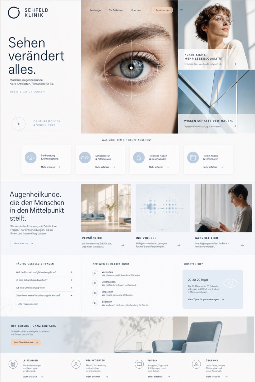 Fictional Sehfeld Klinik ophthalmology website concept with modular vision grid, eye-care service selector, patient information cards, FAQ, and appointment flow