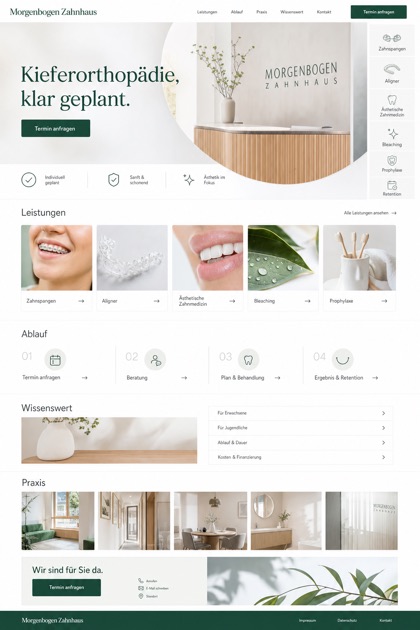 Fictional Morgenbogen Zahnhaus Orthodontics and aesthetic dentistry website design showcase with a complete 2:3 page layout, service sections, practical information, and contact action