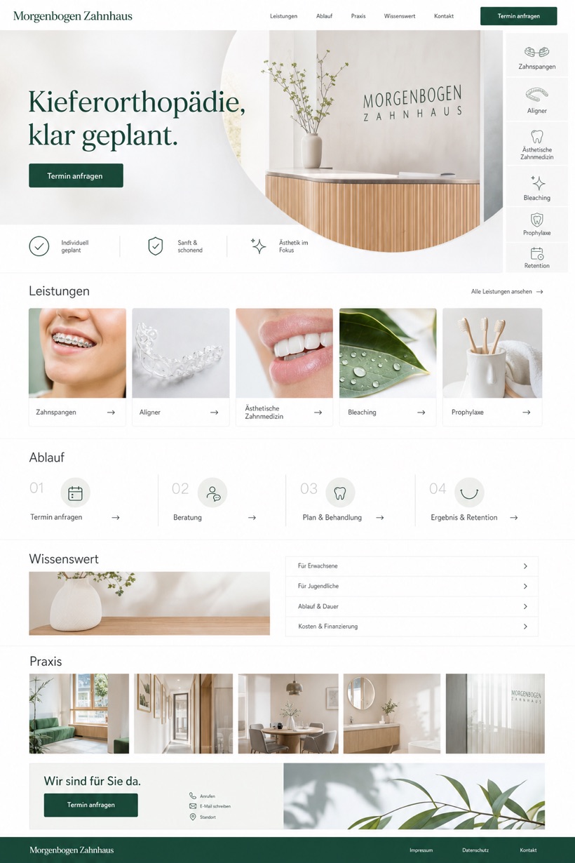 Fictional Morgenbogen Zahnhaus Orthodontics and aesthetic dentistry website design showcase with a complete 2:3 page layout, service sections, practical information, and contact action