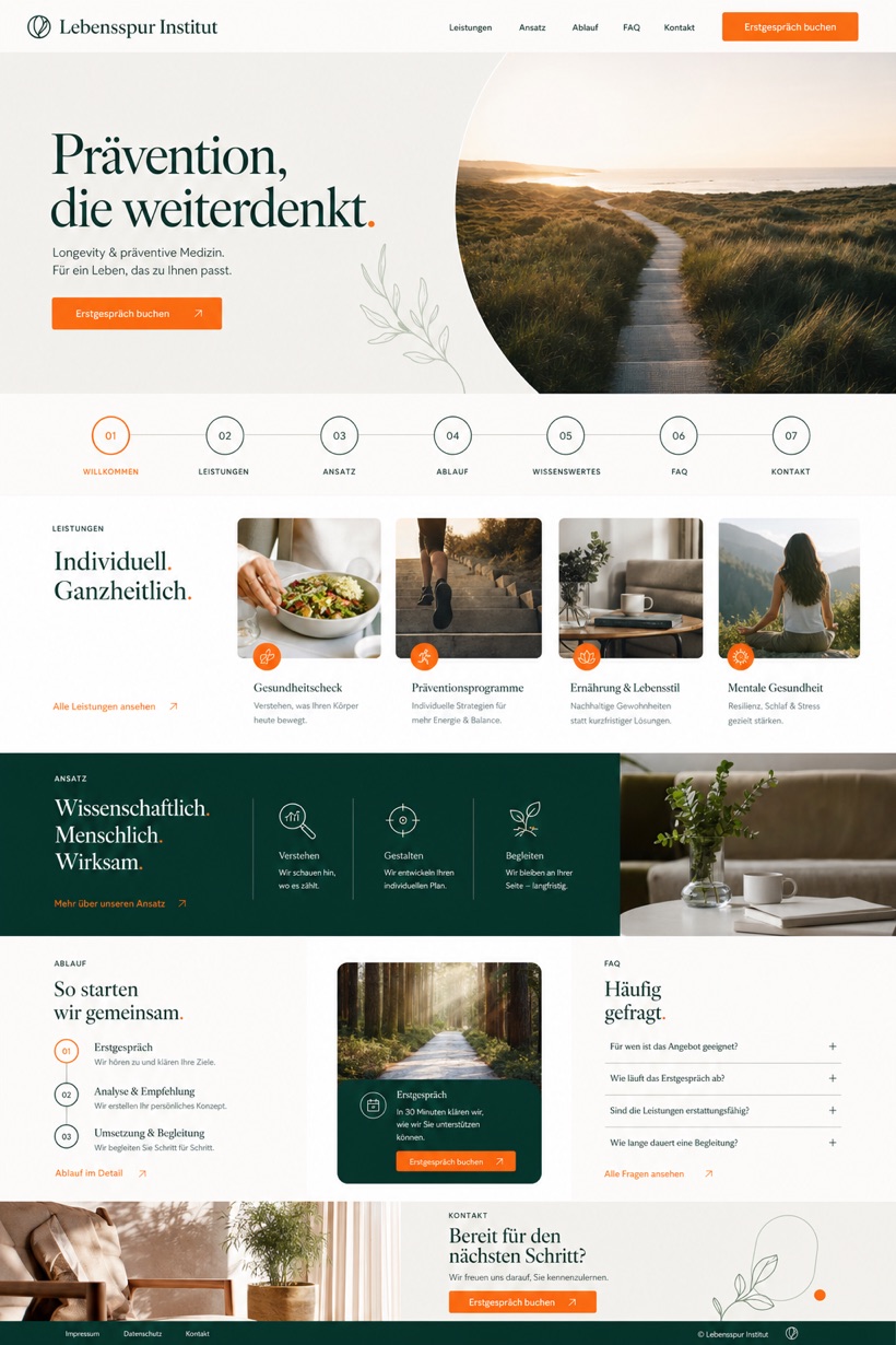 Fictional Lebensspur Institut Longevity and preventive medicine website design showcase with a complete 2:3 page layout, service sections, practical information, and contact action