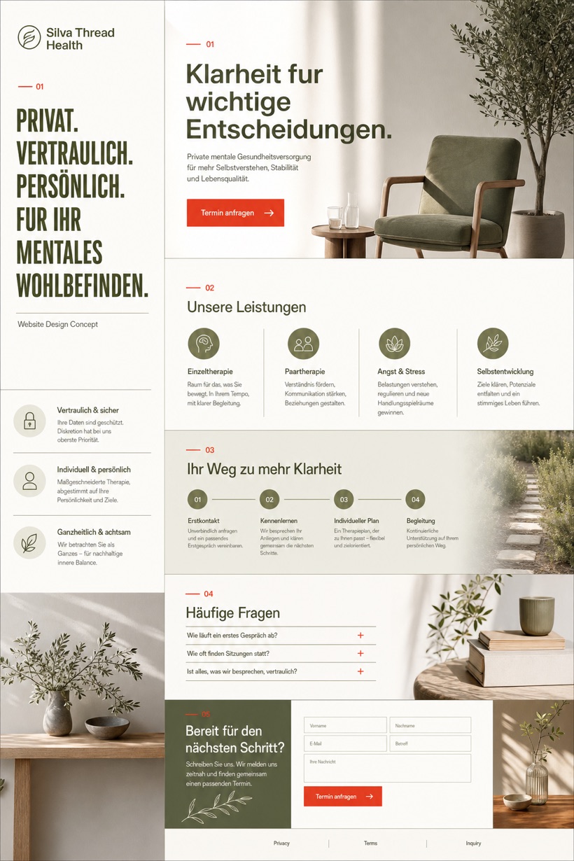 Fictional Silva Thread Health Private mental health clinic website design showcase in a 2:3 layout with service sections, FAQ, and inquiry action