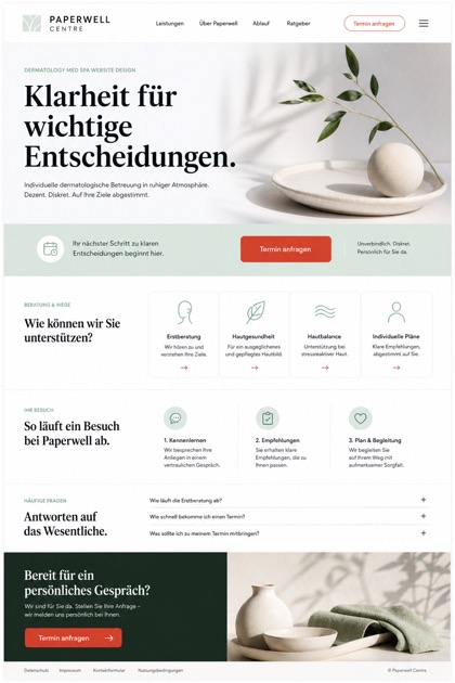 Fictional Paperwell Centre Non-invasive dermatology and med spa website design showcase in a 2:3 layout with service sections, FAQ, and inquiry action