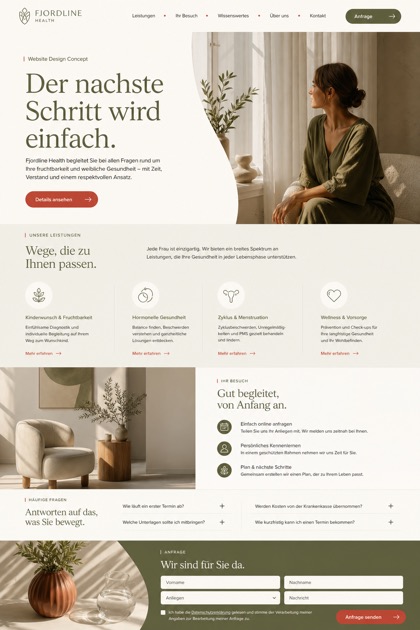 Fictional Fjordline Health Fertility and women's health website design showcase in a 2:3 layout with service sections, FAQ, and inquiry action