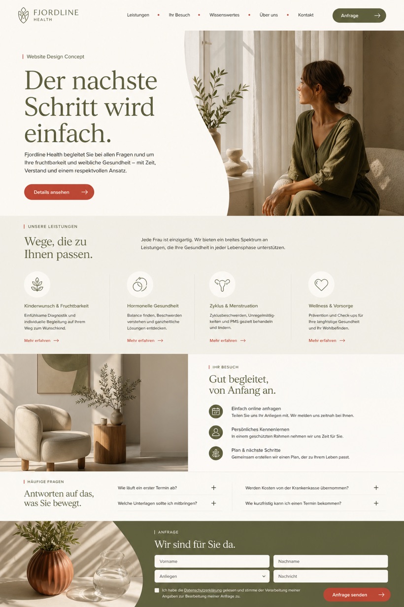 Fictional Fjordline Health Fertility and women's health website design showcase in a 2:3 layout with service sections, FAQ, and inquiry action