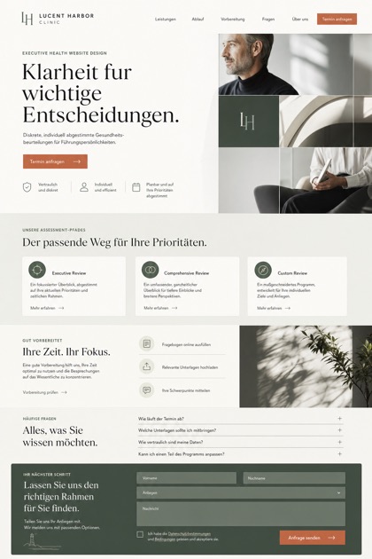 Fictional Lucent Harbor Clinic Executive health and diagnostics website design showcase in a 2:3 layout with service sections, FAQ, and inquiry action