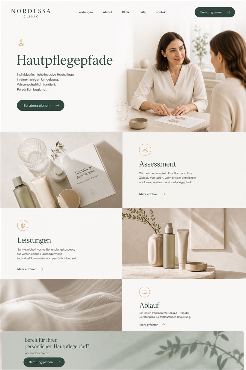 Healthcare website design for Germany, showing a clear opening, service information, supporting content, and a focused inquiry action.