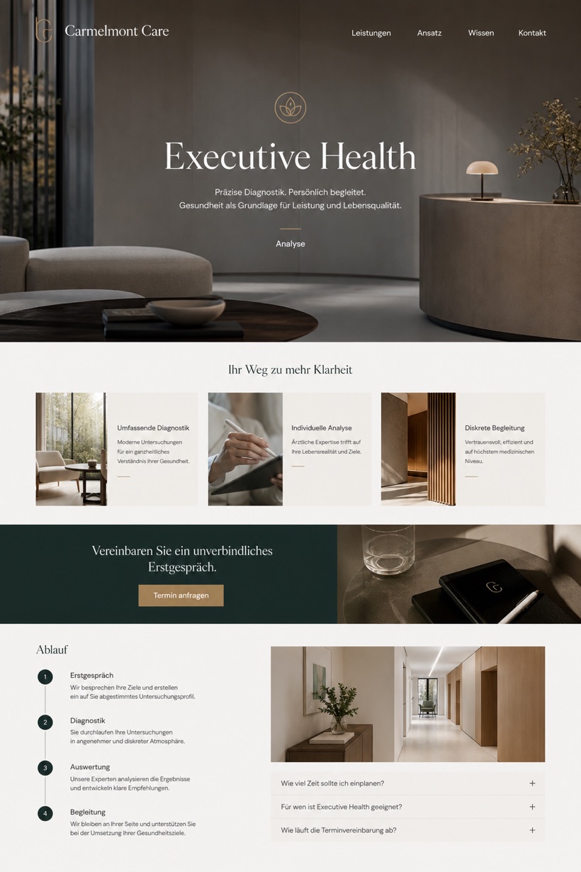 Healthcare website design for Germany, showing a clear opening, service information, supporting content, and a focused inquiry action.