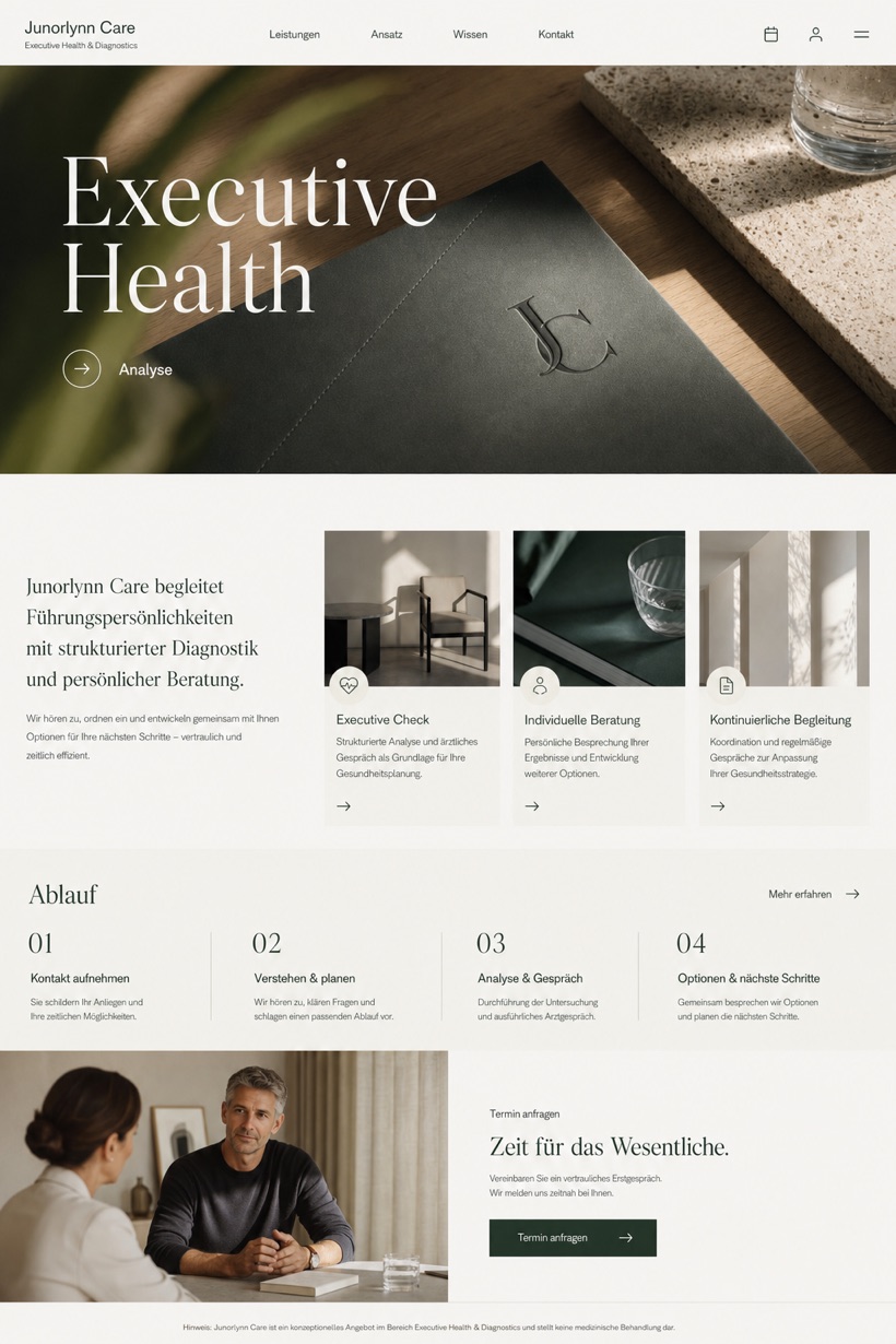 Healthcare website design for Germany, showing a clear opening, service information, supporting content, and a focused inquiry action.
