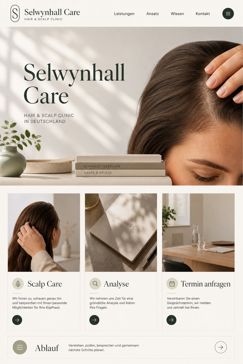 Healthcare website design for Germany, showing a clear opening, service information, supporting content, and a focused inquiry action.