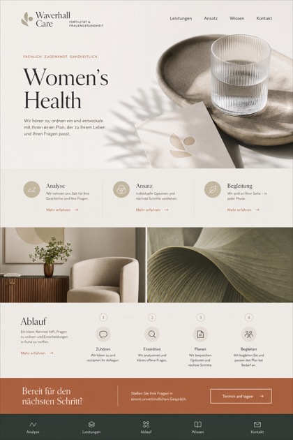 Healthcare website design for Germany, showing a clear opening, service information, supporting content, and a focused inquiry action.