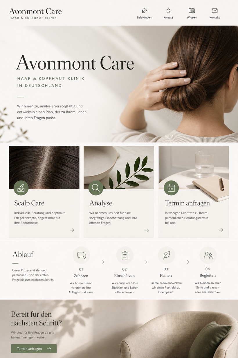 Healthcare website design for Germany, showing a clear opening, service information, supporting content, and a focused inquiry action.