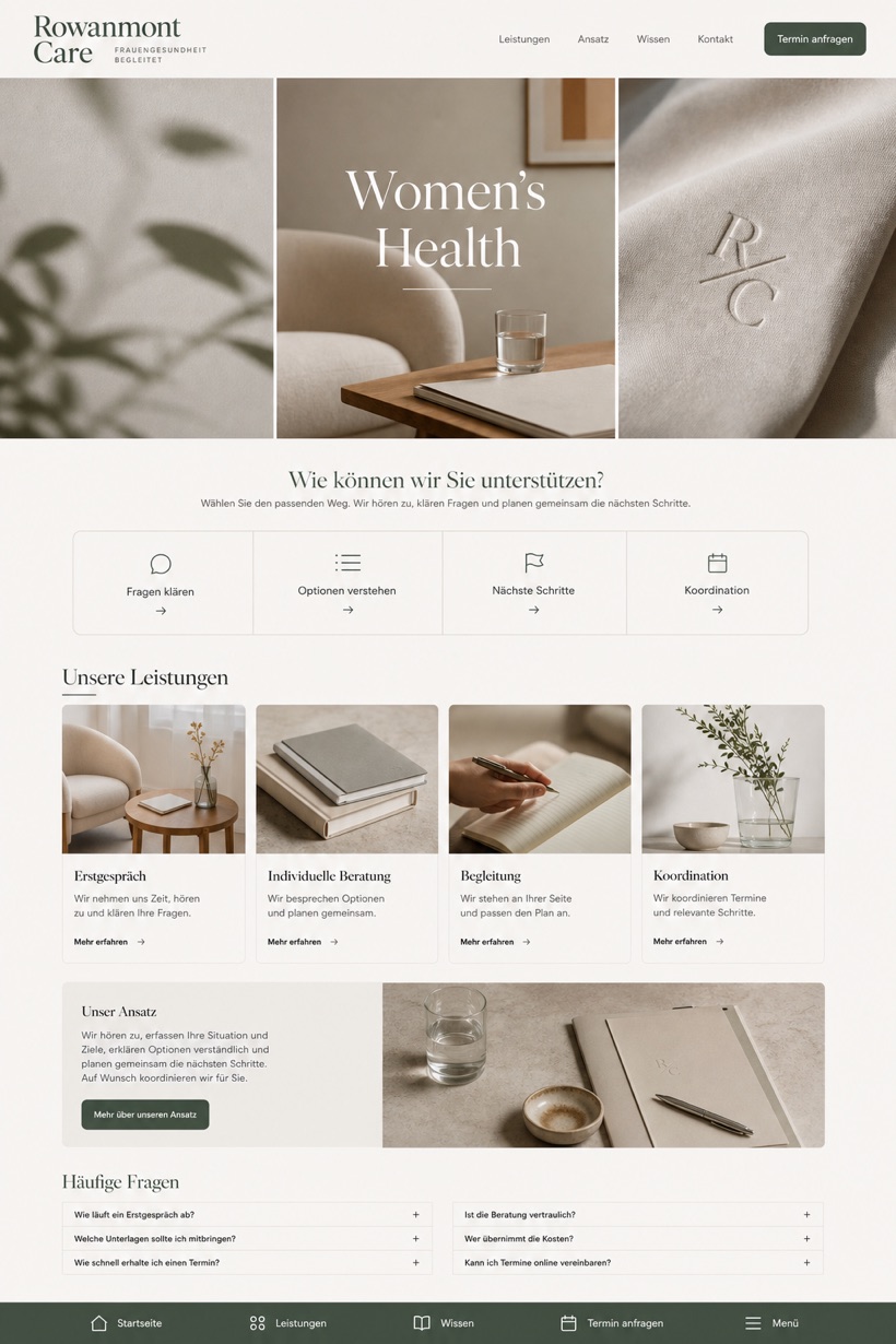 Healthcare website design for Germany, showing a clear opening, service information, supporting content, and a focused inquiry action.